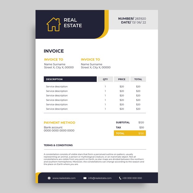 Plantilla de factura de bienes raíces simple profesional