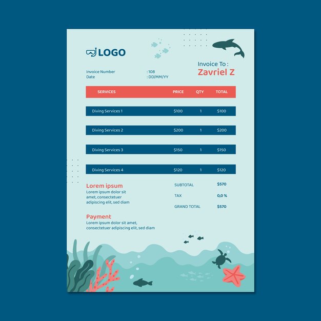 Plantilla de factura de buceo dibujada a mano