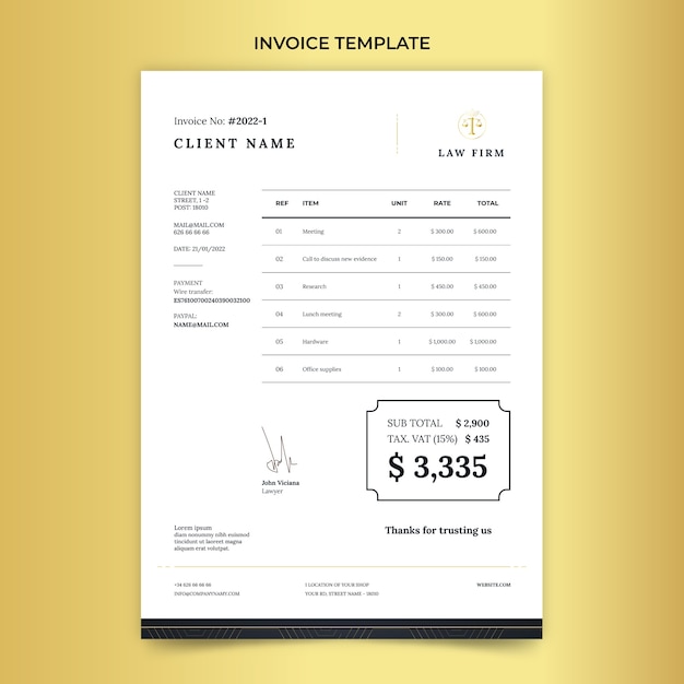 Vector gratuito plantilla de factura de bufete de abogados de textura degradada