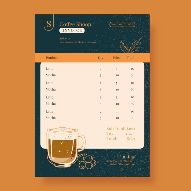 Plantilla de factura de cafetería con textura dibujada a mano
