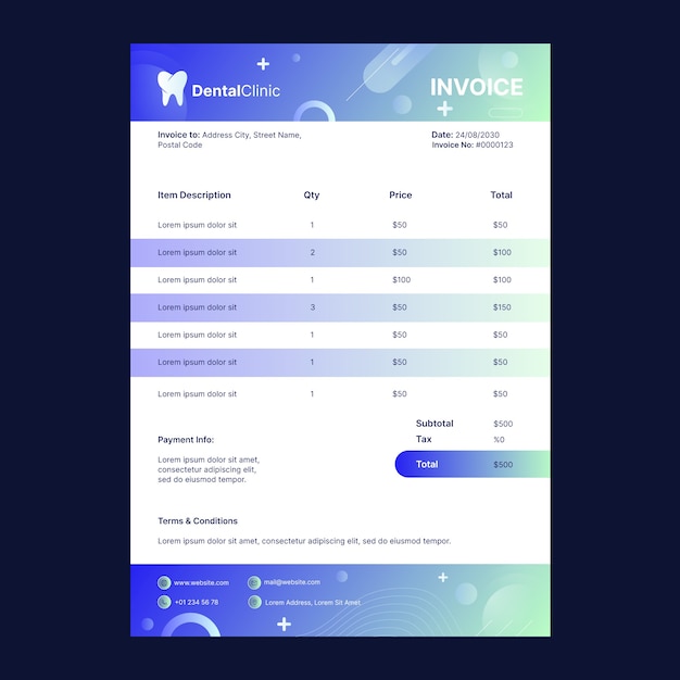 Vector gratuito plantilla de factura de clínica dental degradada