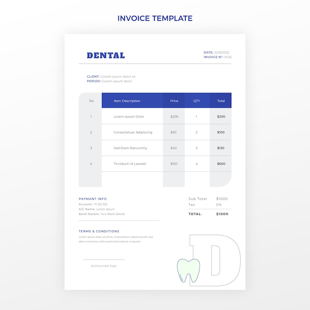 Plantilla de factura de clínica dental de diseño plano