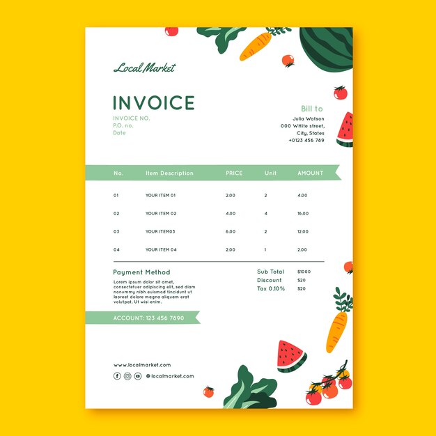 Plantilla de factura comercial plana del mercado local