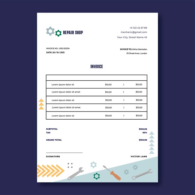 Plantilla de factura comercial de taller de reparación plana