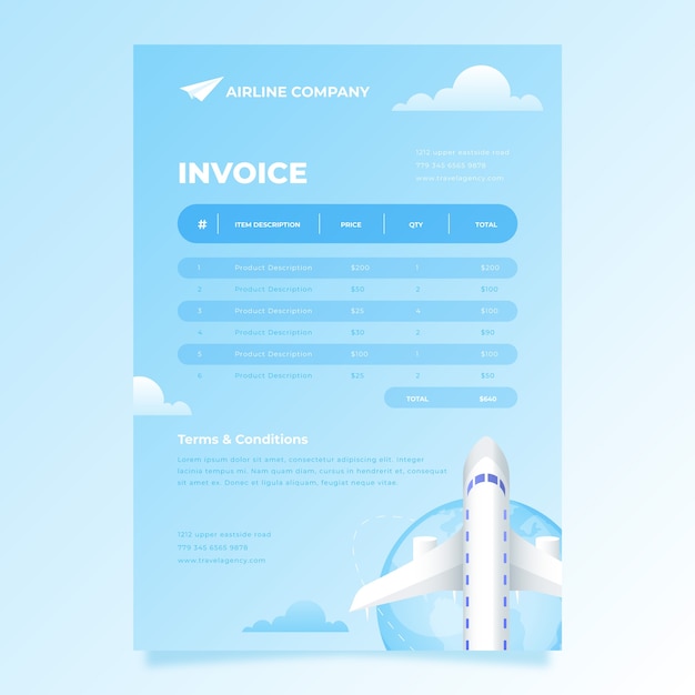 Vector gratuito plantilla de factura de compañía aérea degradada