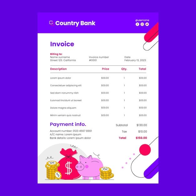 Vector gratuito plantilla de factura de concepto de banco de diseño plano