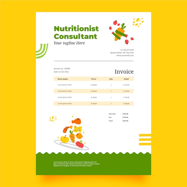 Plantilla de factura de consejos de nutricionista dibujada a mano