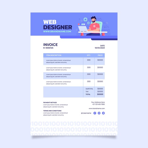 Plantilla de factura de diseñador web de diseño plano