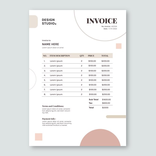 Plantilla de factura de diseño interior mínimo de diseño plano