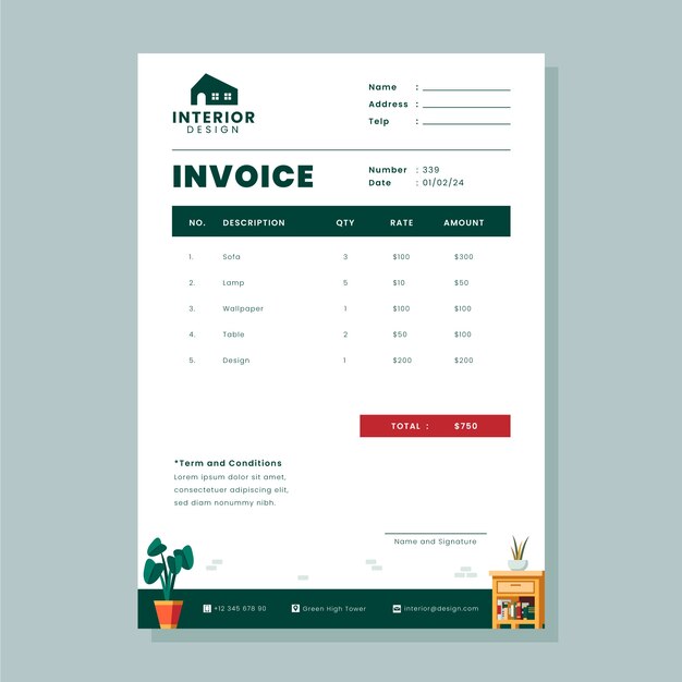 Plantilla de factura de diseño de interiores minimalista