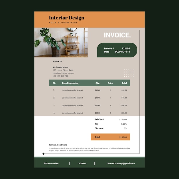 Plantilla de factura de empresa de diseño de interiores plana