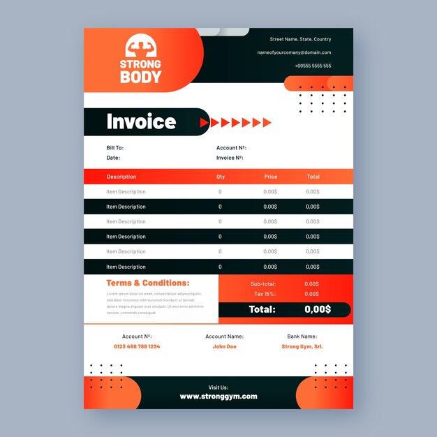 Plantilla de factura de entrenamiento de gimnasio degradado