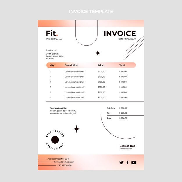 Plantilla de factura de fitness gradiente