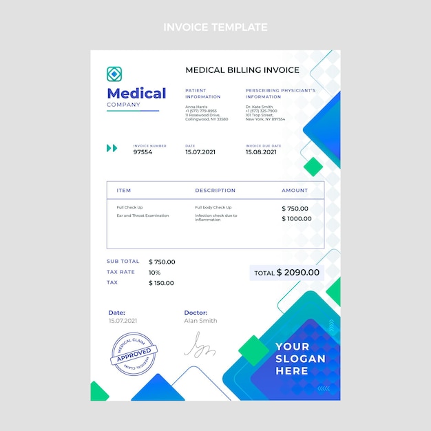 Vector gratuito plantilla de factura médica degradada