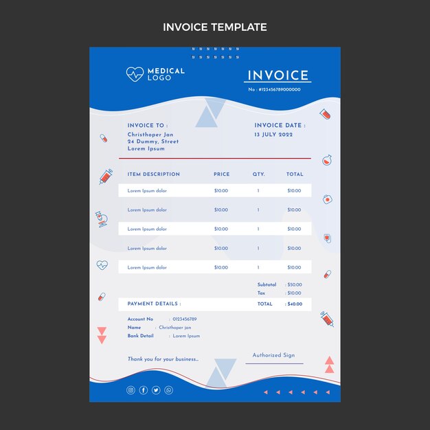 Vector gratuito plantilla de factura médica de diseño plano