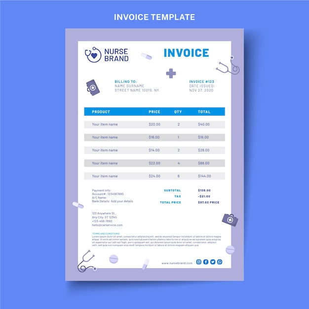 Vector gratuito plantilla de factura médica plana