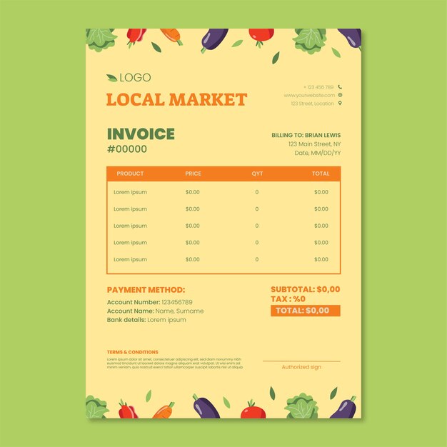 Plantilla de factura de mercado local dibujada a mano