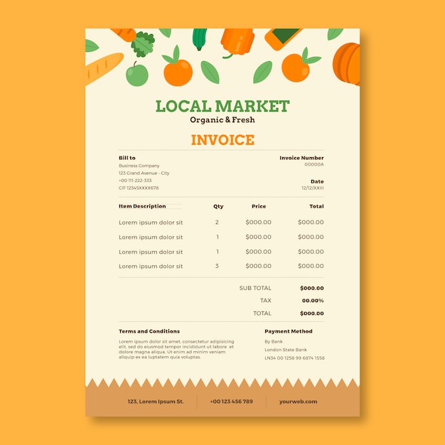Plantilla de factura de mercado local de diseño plano