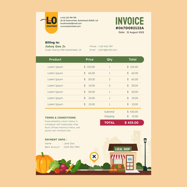 Plantilla de factura de mercado local de diseño plano