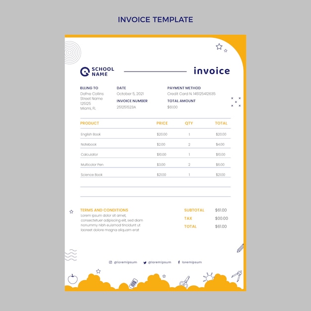 Plantilla de factura mínima plana para asistir a una escuela internacional
