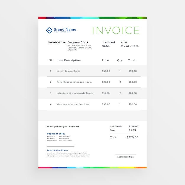 Plantilla de factura de negocios colorido mínimo