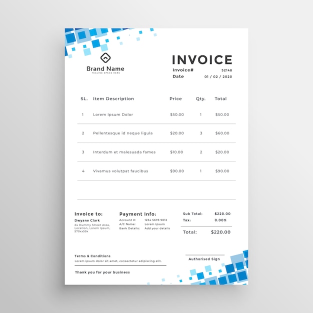 Vector gratuito plantilla de factura de negocios de estilo mosaico azul