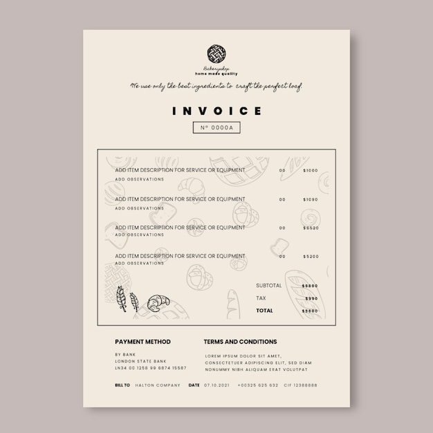 Plantilla de factura de panadería dibujada a mano