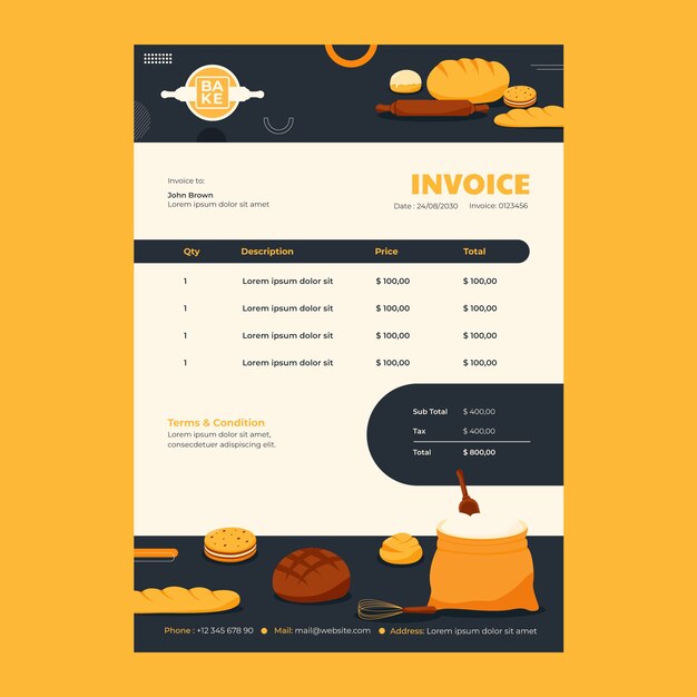 Plantilla de factura de panadería de estilo minimalista