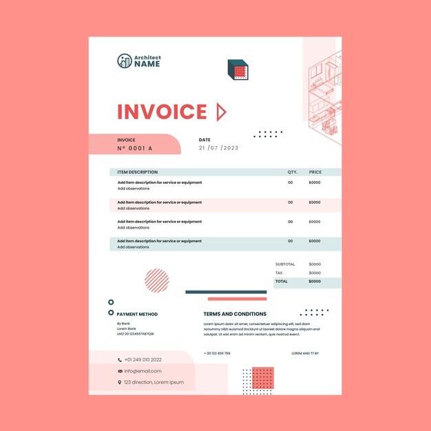 Plantilla de factura de proyecto de arquitectura isométrica