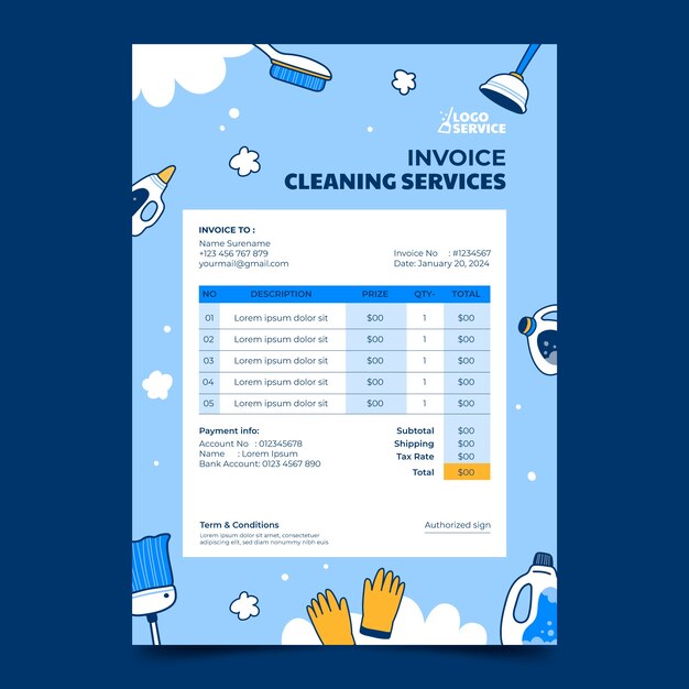 Plantilla de factura de servicios de limpieza dibujada a mano
