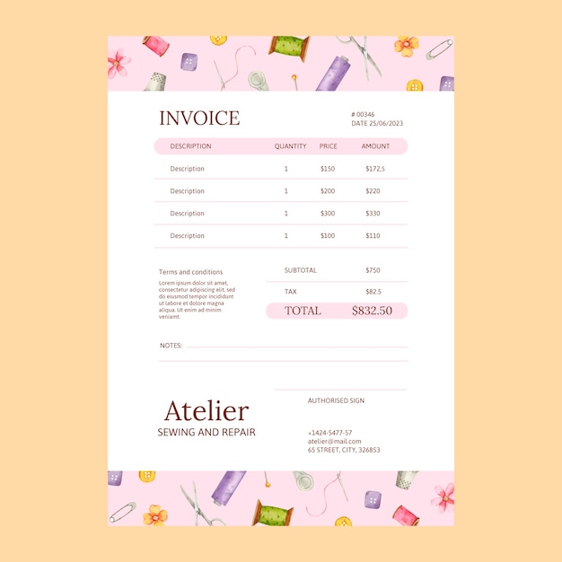 Plantilla de factura de taller de moda en acuarela