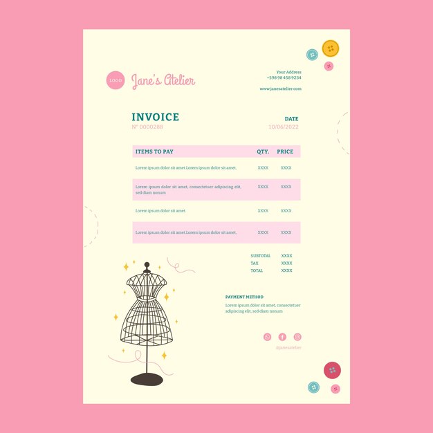 Plantilla de factura de taller de moda dibujada a mano