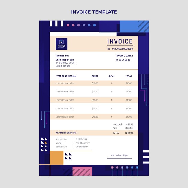 Plantilla de factura de tecnología de diseño plano