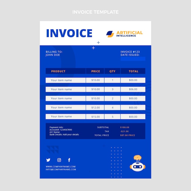 Vector gratuito plantilla de factura de tecnología mínima de diseño plano