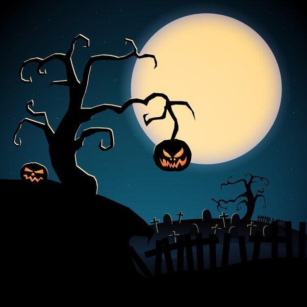 Plantilla de feliz Halloween de miedo de dibujos animados con calabazas malvadas de árbol seco y cementerio en el fondo de la luna