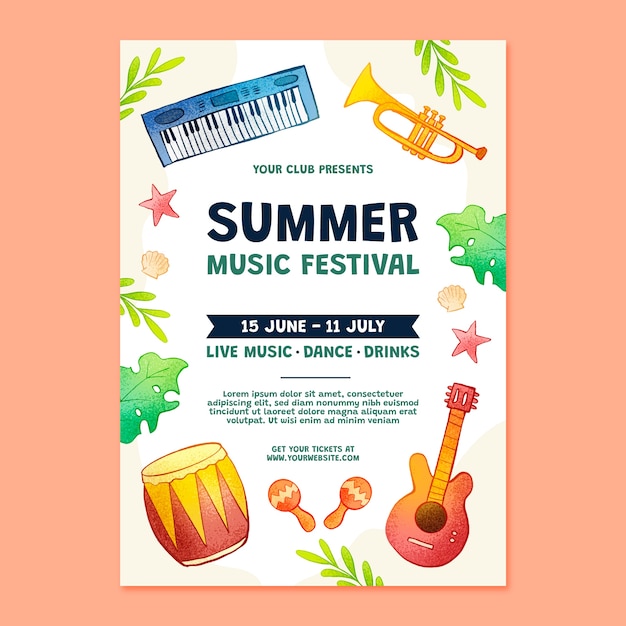 Vector gratuito plantilla de festival de música dibujada a mano para la temporada de verano