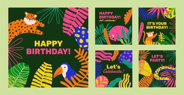 Vector gratuito plantilla de fiesta de cumpleaños de selva de textura dibujada a mano