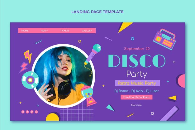 Plantilla de fiesta disco retro de diseño plano