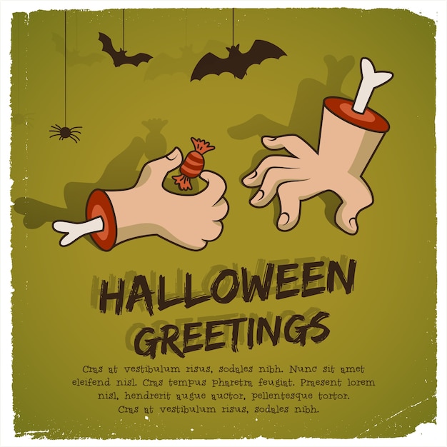 Vector gratuito plantilla de fiesta de halloween con dulces de brazo de zombie de texto y murciélagos en estilo de dibujos animados