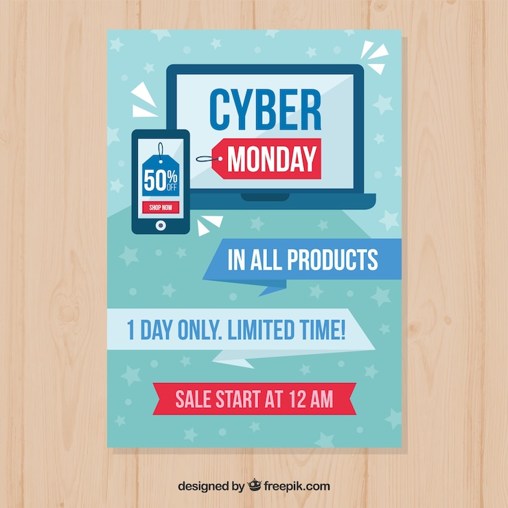 Vector gratuito plantilla flat de cartel de cyber monday con portátil