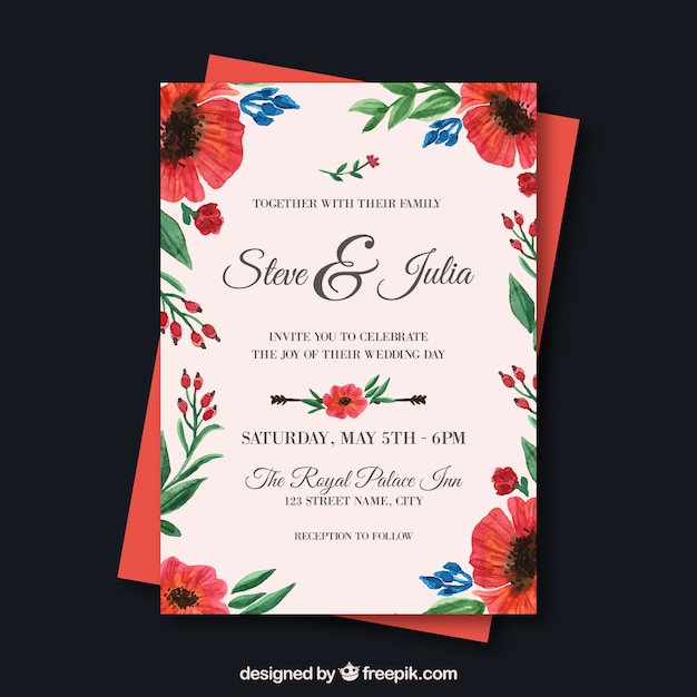 Vector gratuito plantilla floral de invitación de boda en acuarela