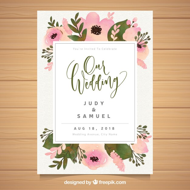 Plantilla floral de invitación de boda en acuarela