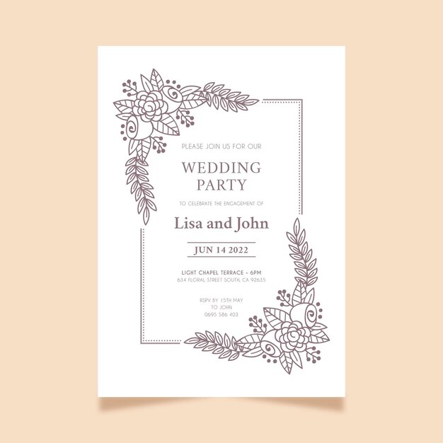Plantilla floral de invitación de boda dibujada a mano
