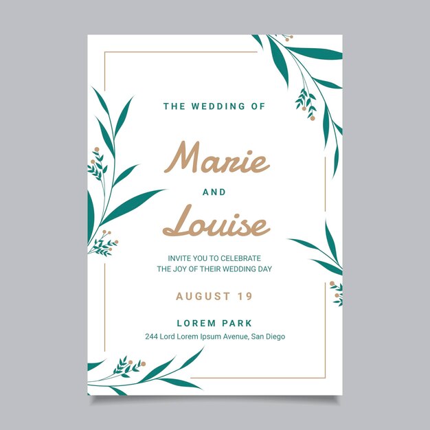 Plantilla floral de invitación de boda dibujada a mano