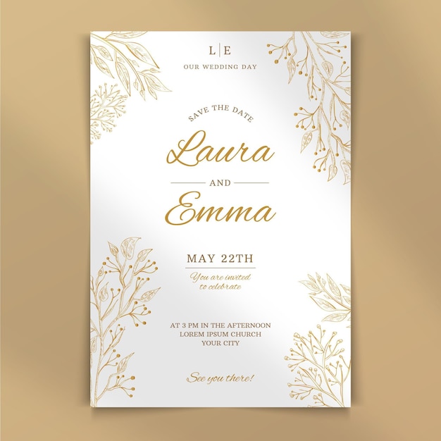 Plantilla floral de invitación de boda dibujada a mano