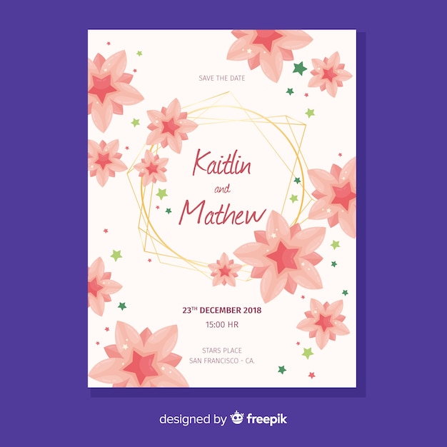 Plantilla floral de invitación de boda con elementos de diseño dorados