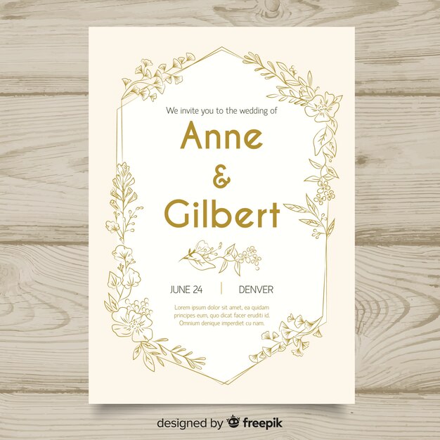 Plantilla floral de invitación de boda con elementos de diseño dorados