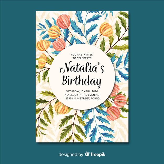 Plantilla floral de invitación de cumpleaños