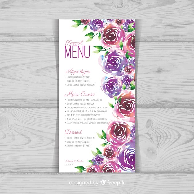 Plantilla floral de menú de boda en acuarela