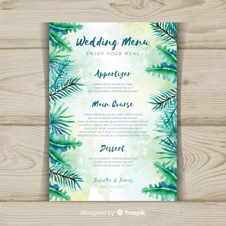 Vector gratuito plantilla floral de menú de boda en acuarela
